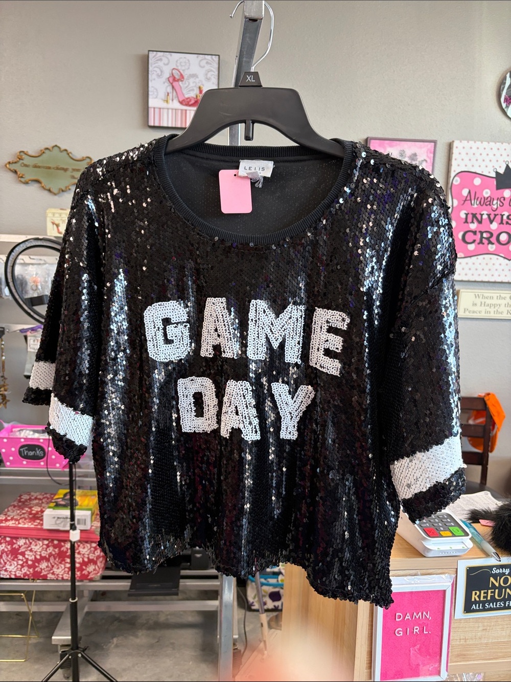 Le Lis Black Sequin "GAME DAY" Crop Top with White Accents KNQ4Y1